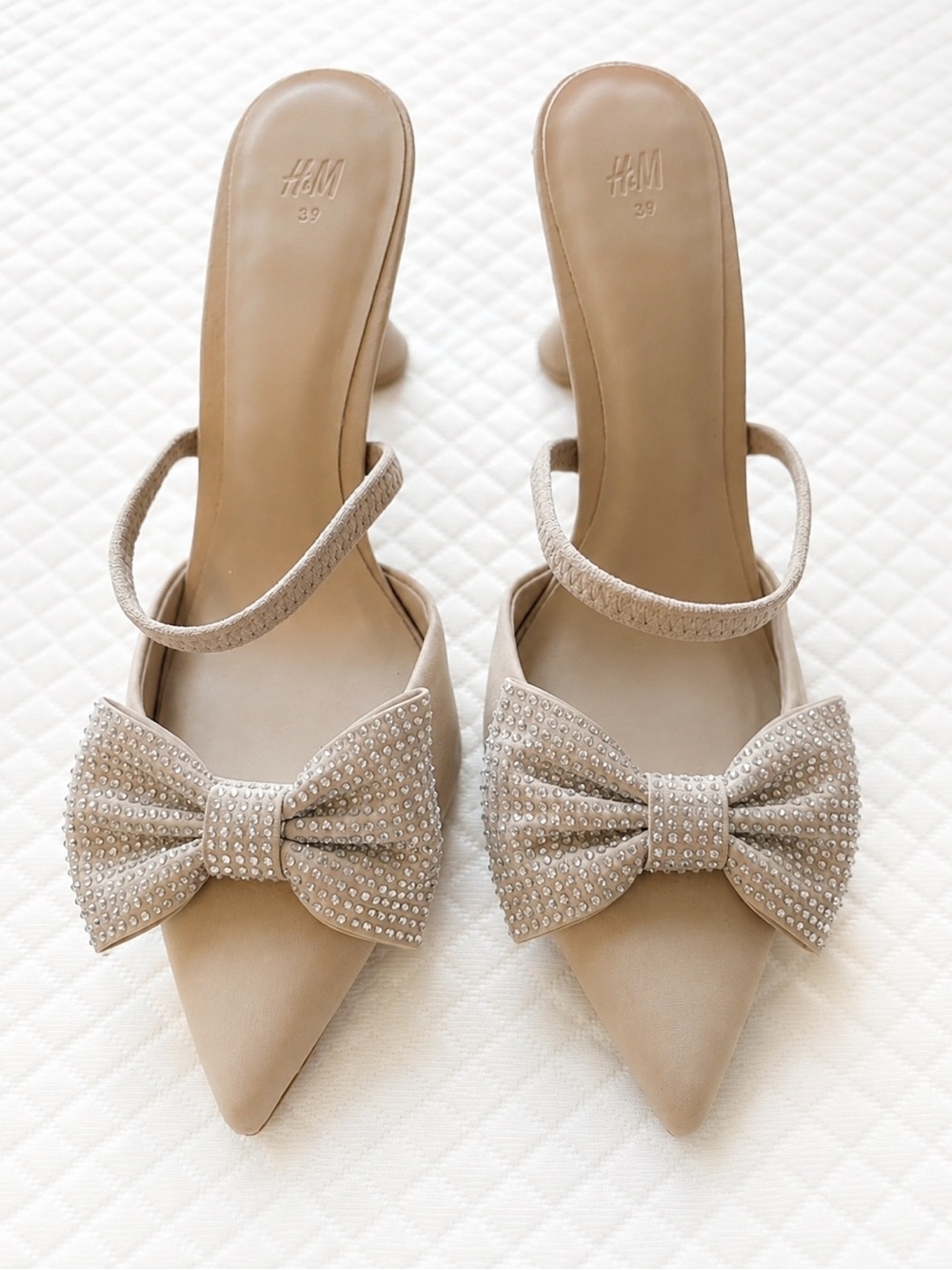 H&M Cream Pointed-Toe Bow Mules with Ankle Strap